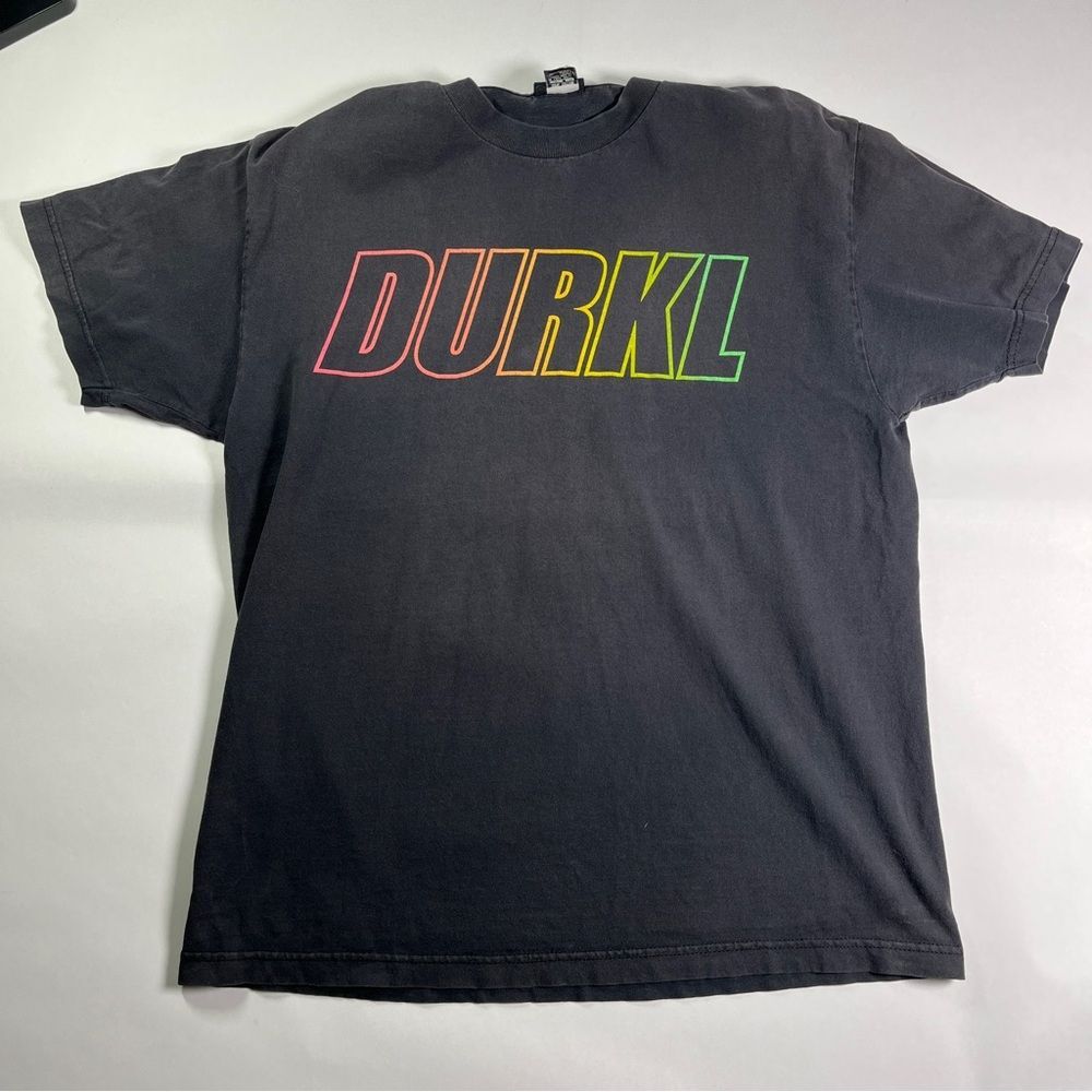 Durkl Faded Black Tee L Large with Rainbow Logo - Defunct Streetwear